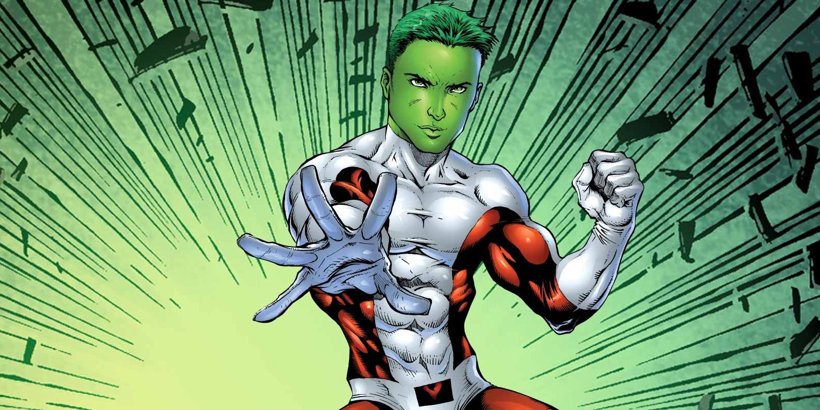 Beast Boy against a green background in the comics