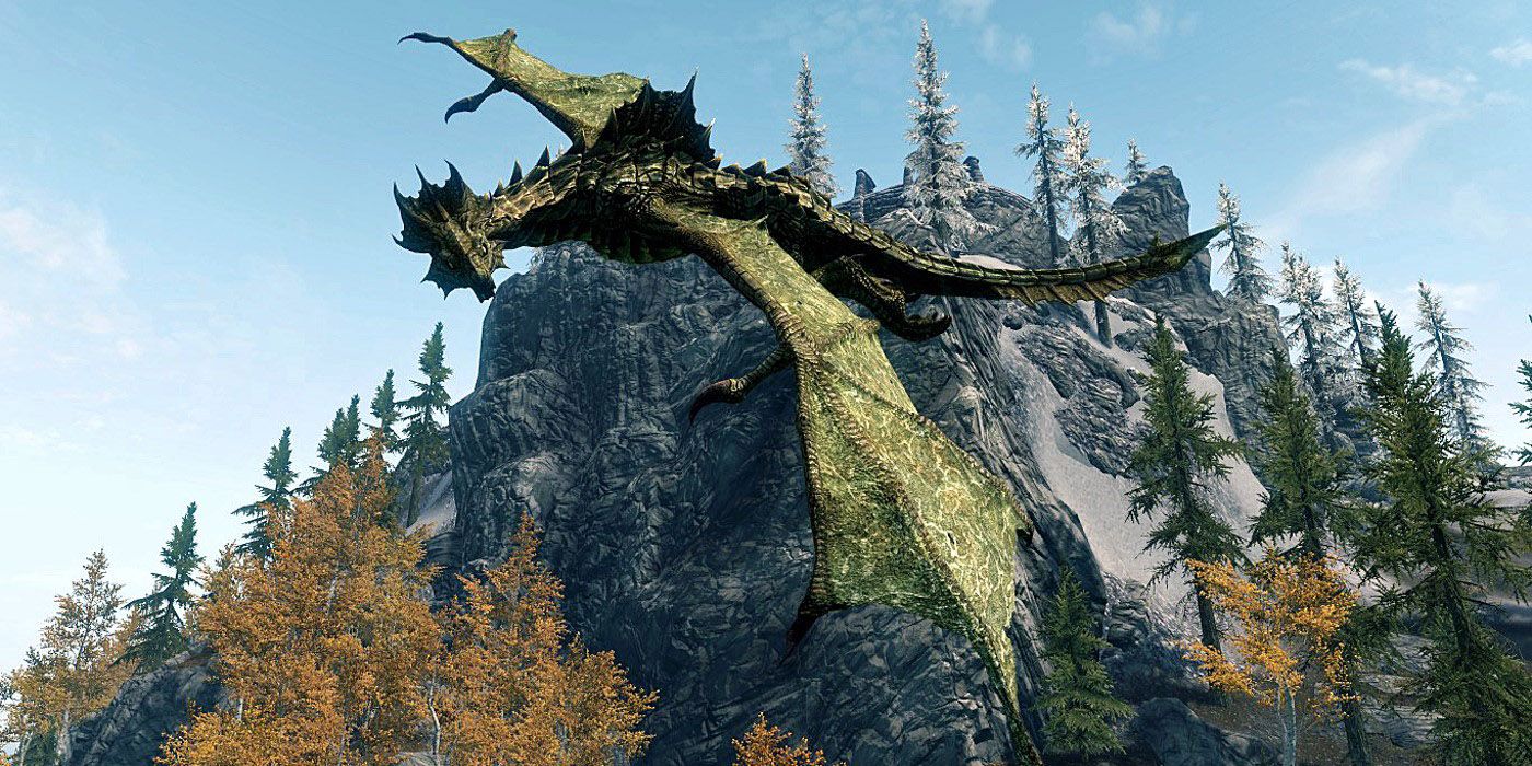 A blood dragon flying in the sky in Skyrim.