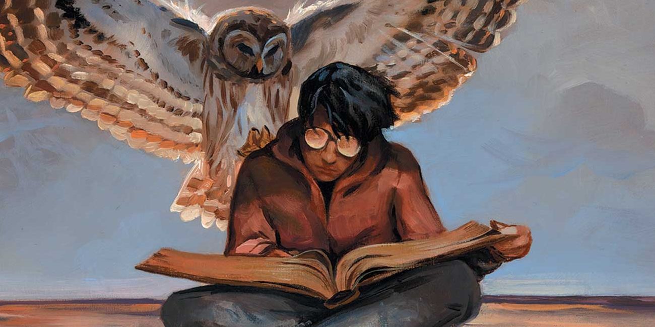 Tim Hunter reading a magic book while an owl flies behind him