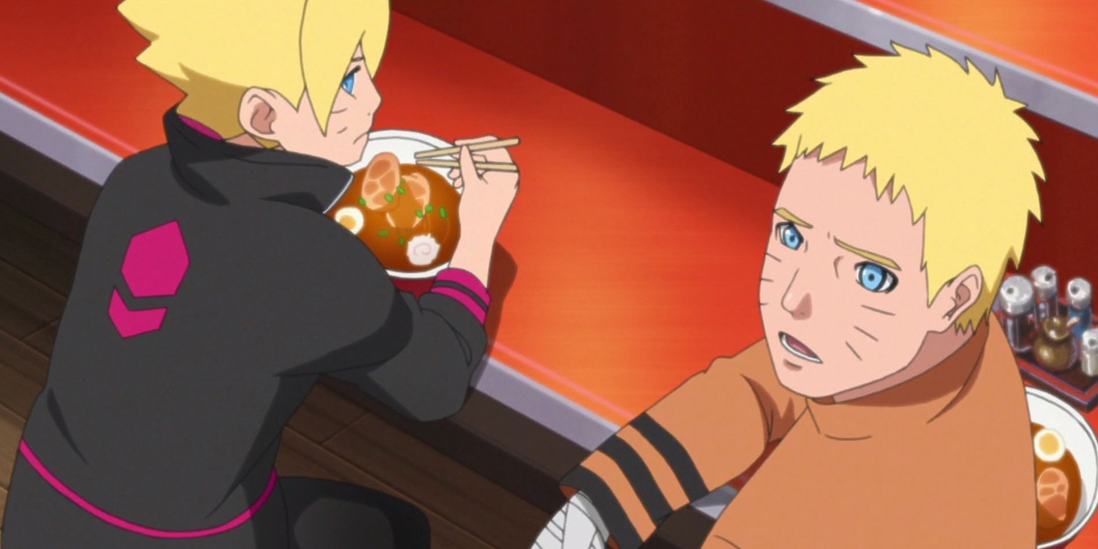Boruto and Naruto eat ramen at a restaurant in the Boruto series