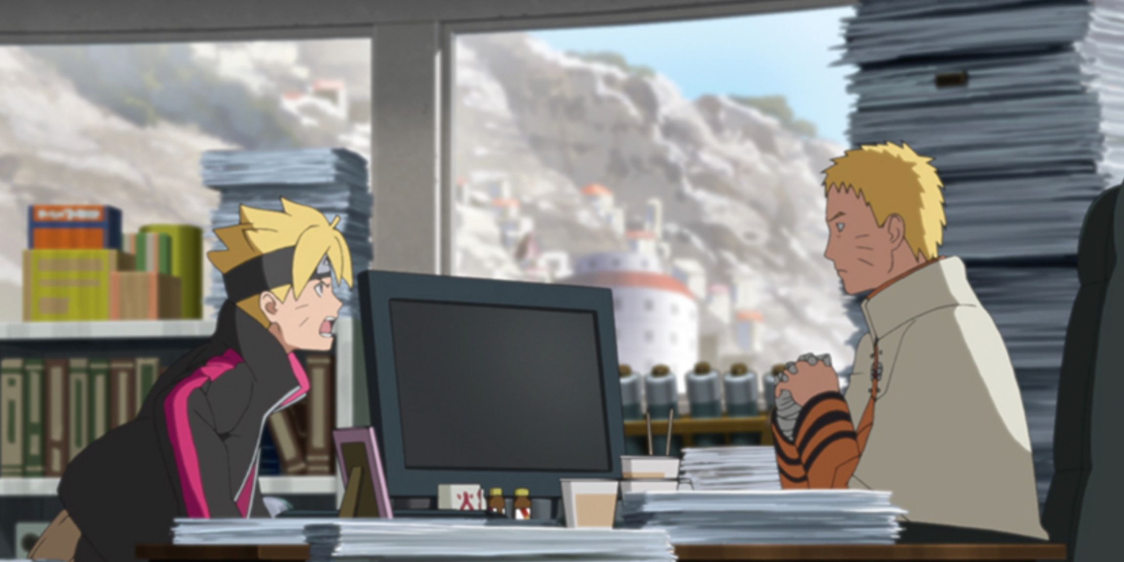 Boruto argues qith his father in the Hokage office