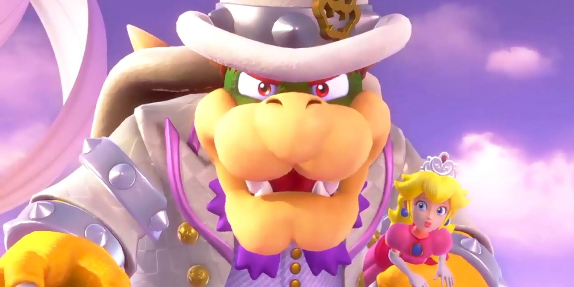 Bowser wearing a wedding tuxedo and holding Peach in Super Mario Odyssey