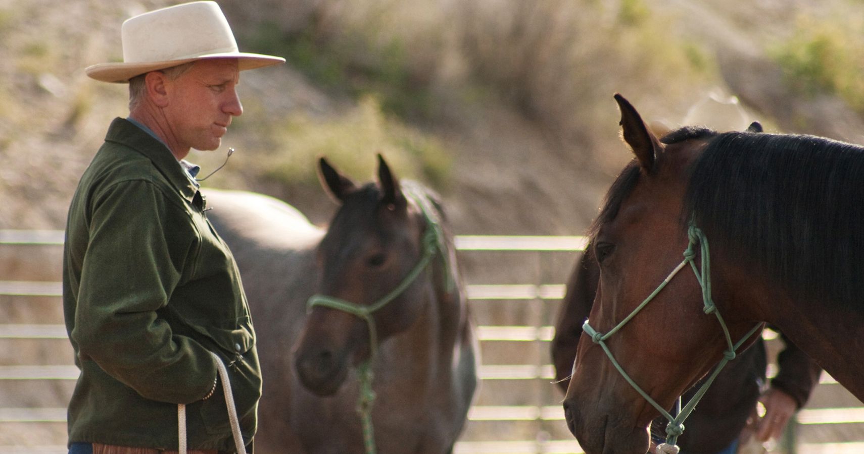 A still of a man looking at two horses from the documentary Buck