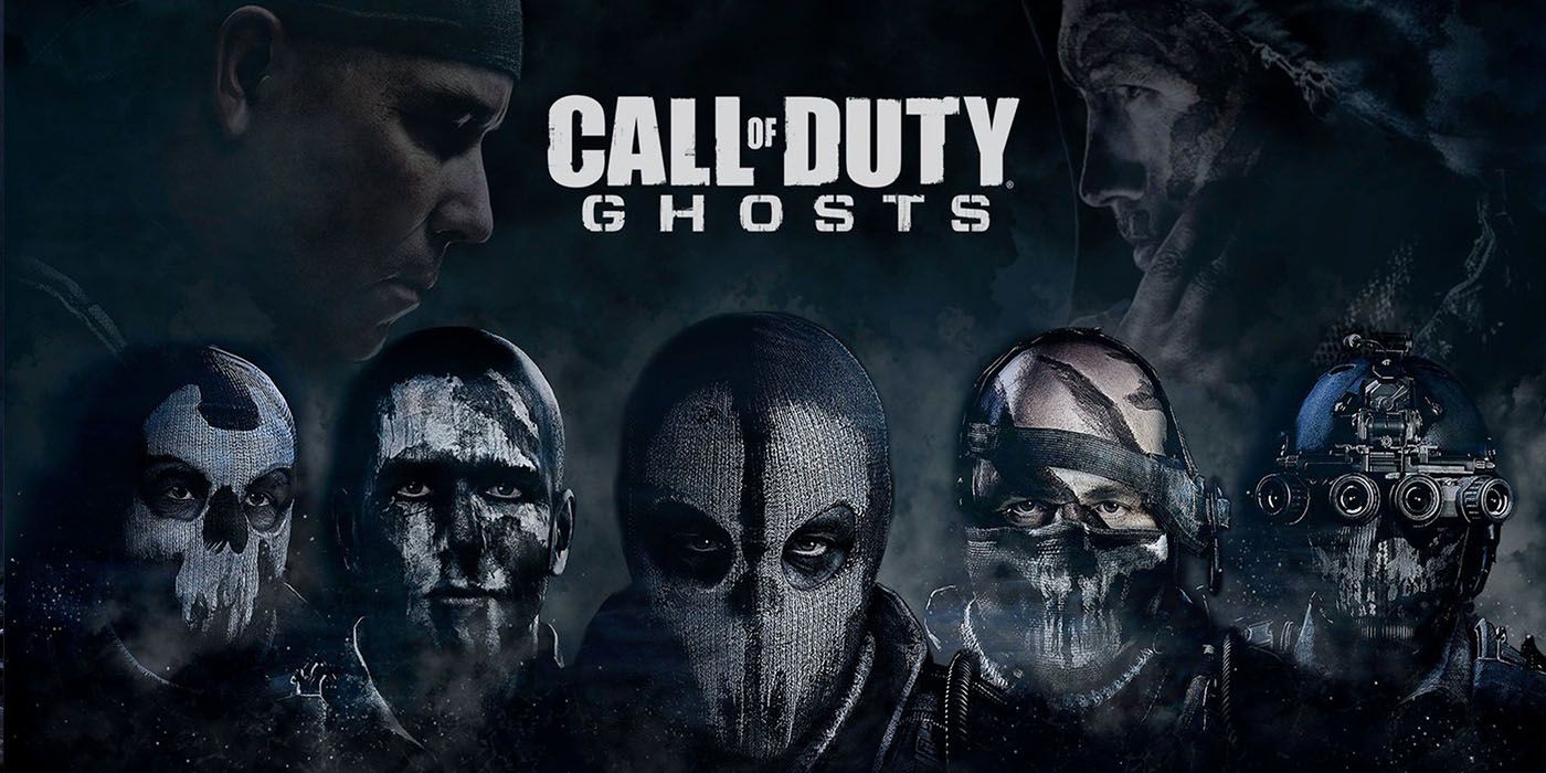 Call of Duty Ghosts poster with ghosts face and other masks. 