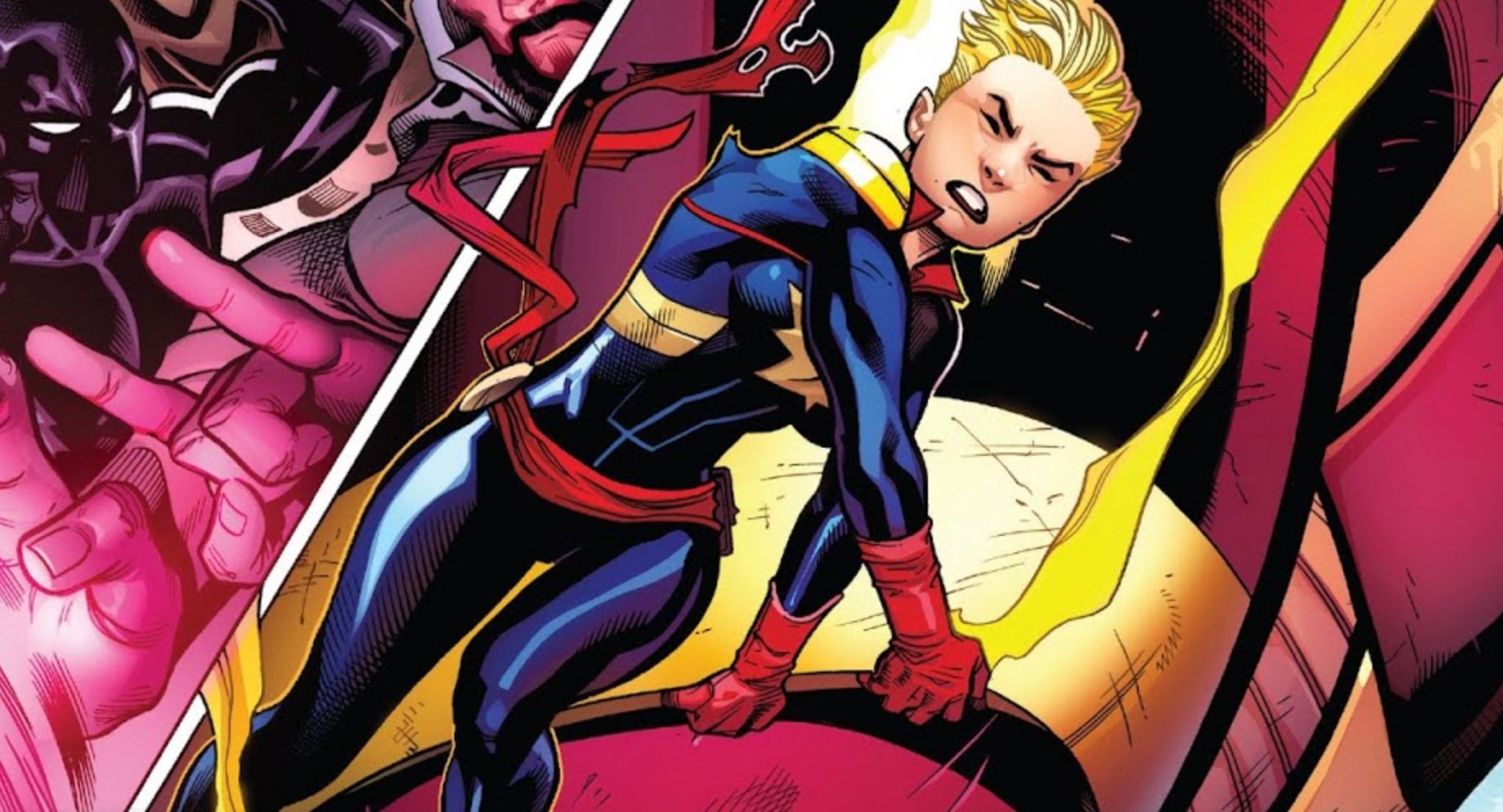 Captain Marvel Slows The Descent of A Celestial To Earth