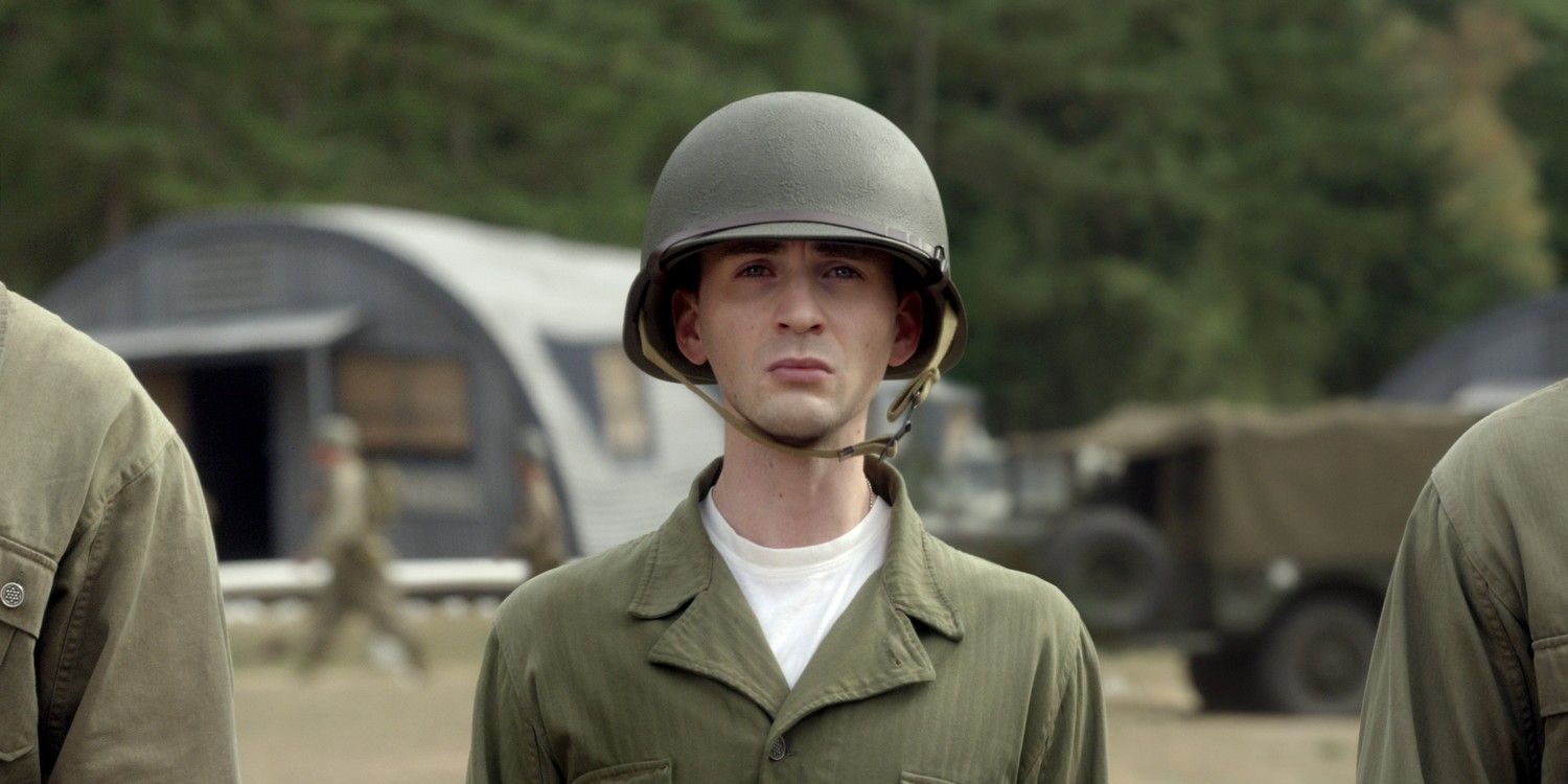 Skinny Steve Rogers Wearing His Army Uniform And Helmet In Captain America: The First Avenger
