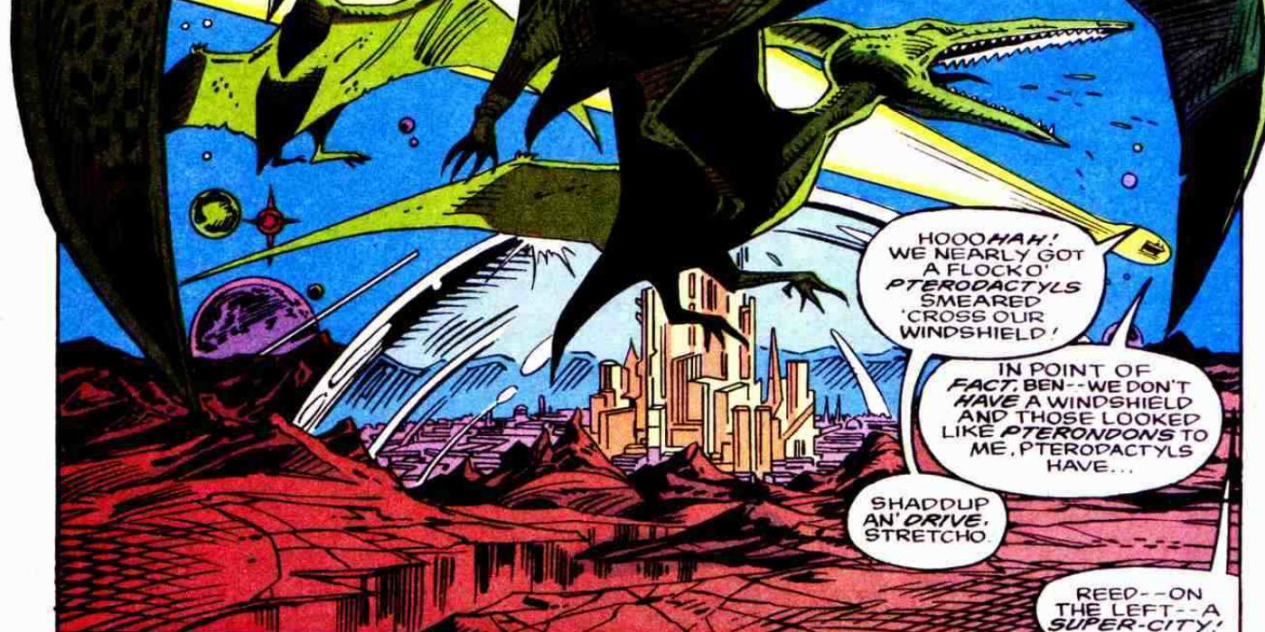 Perodactyl flying in front of Chronopolis from Marvel COmics