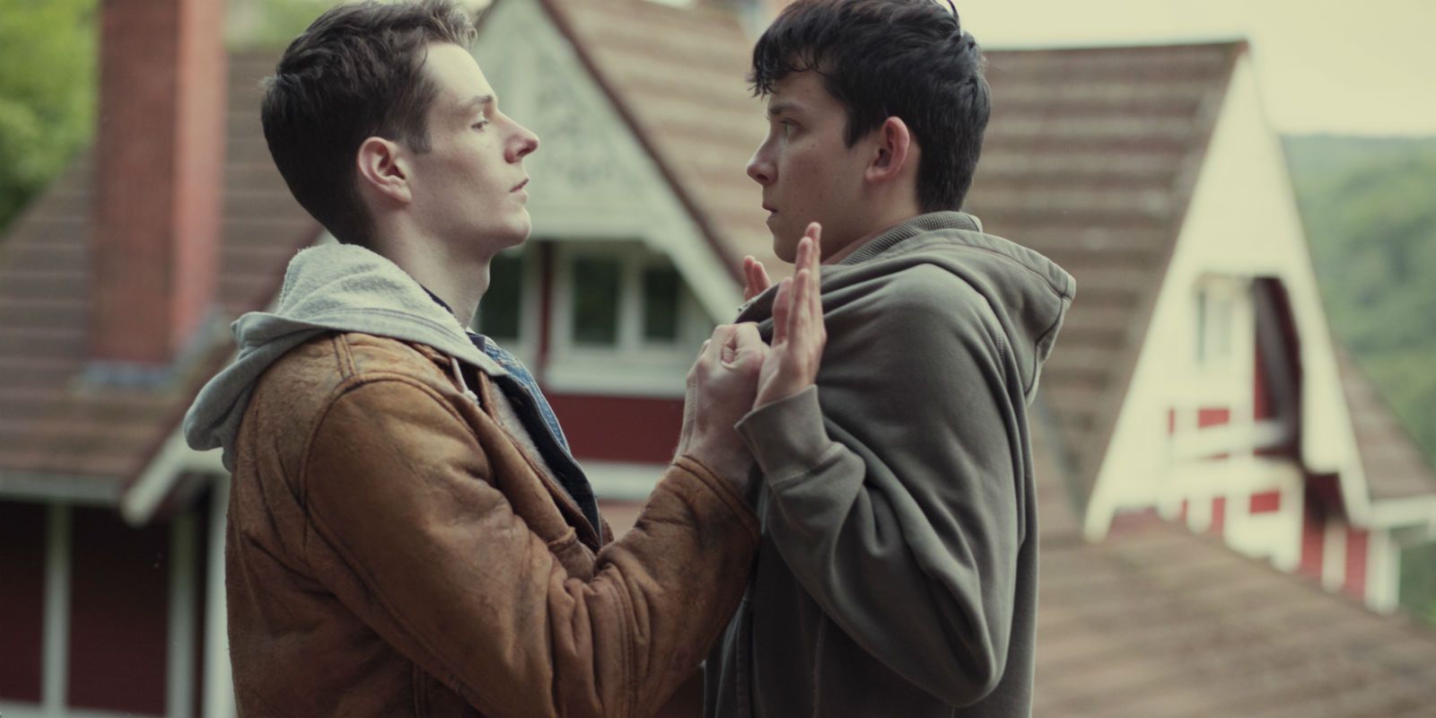Connor Swindells and Asa Butterfield in Sex Education