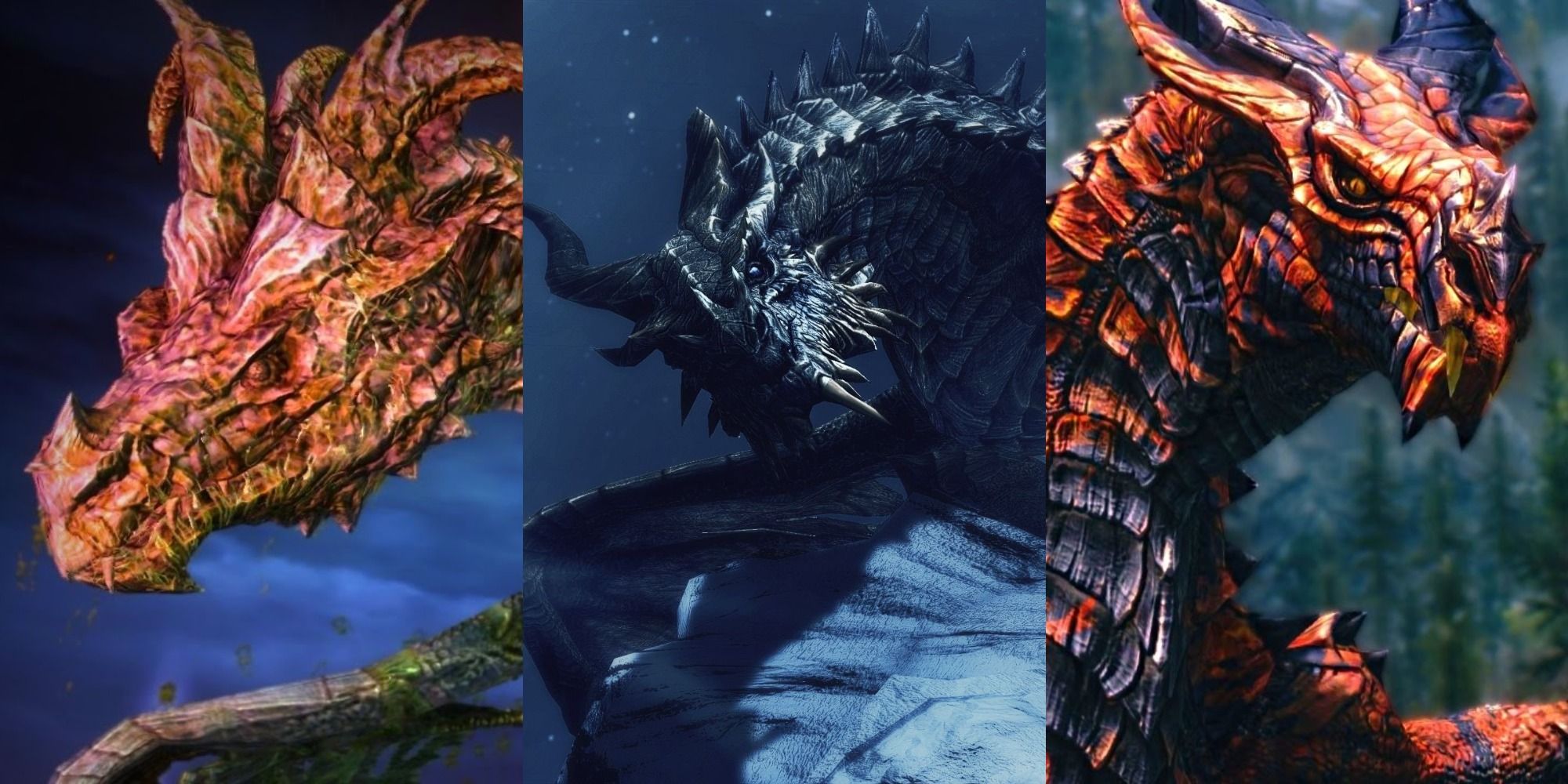 Split image of three Skyrim dragons
