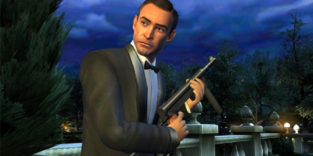James Bond wearing a tuxedo and holding a gun
