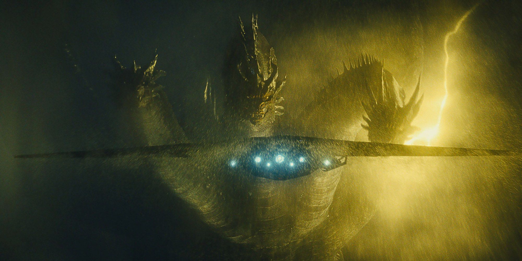 Ghidorah emerging out of the storm in front of the Argo in Godzilla: King of the Monsters