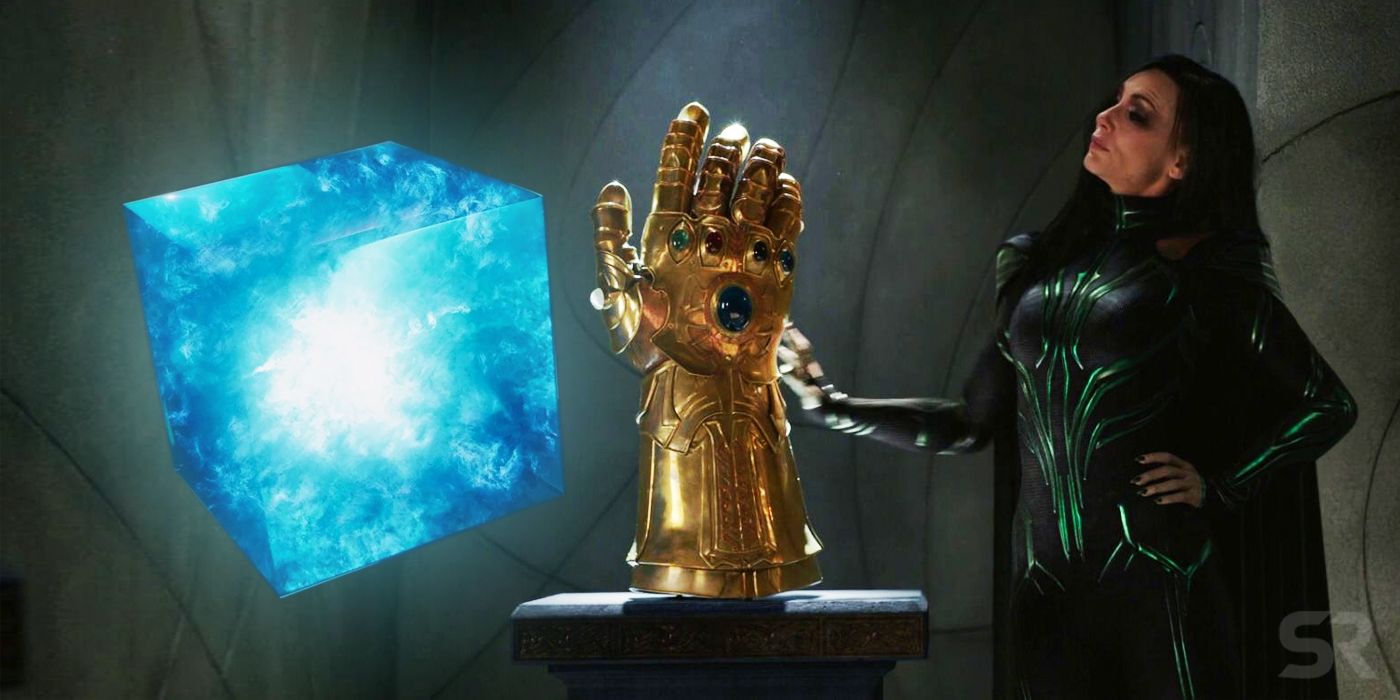 Hela with the fake Infinity Gauntlet in Thor Ragnarok and the Tesseract