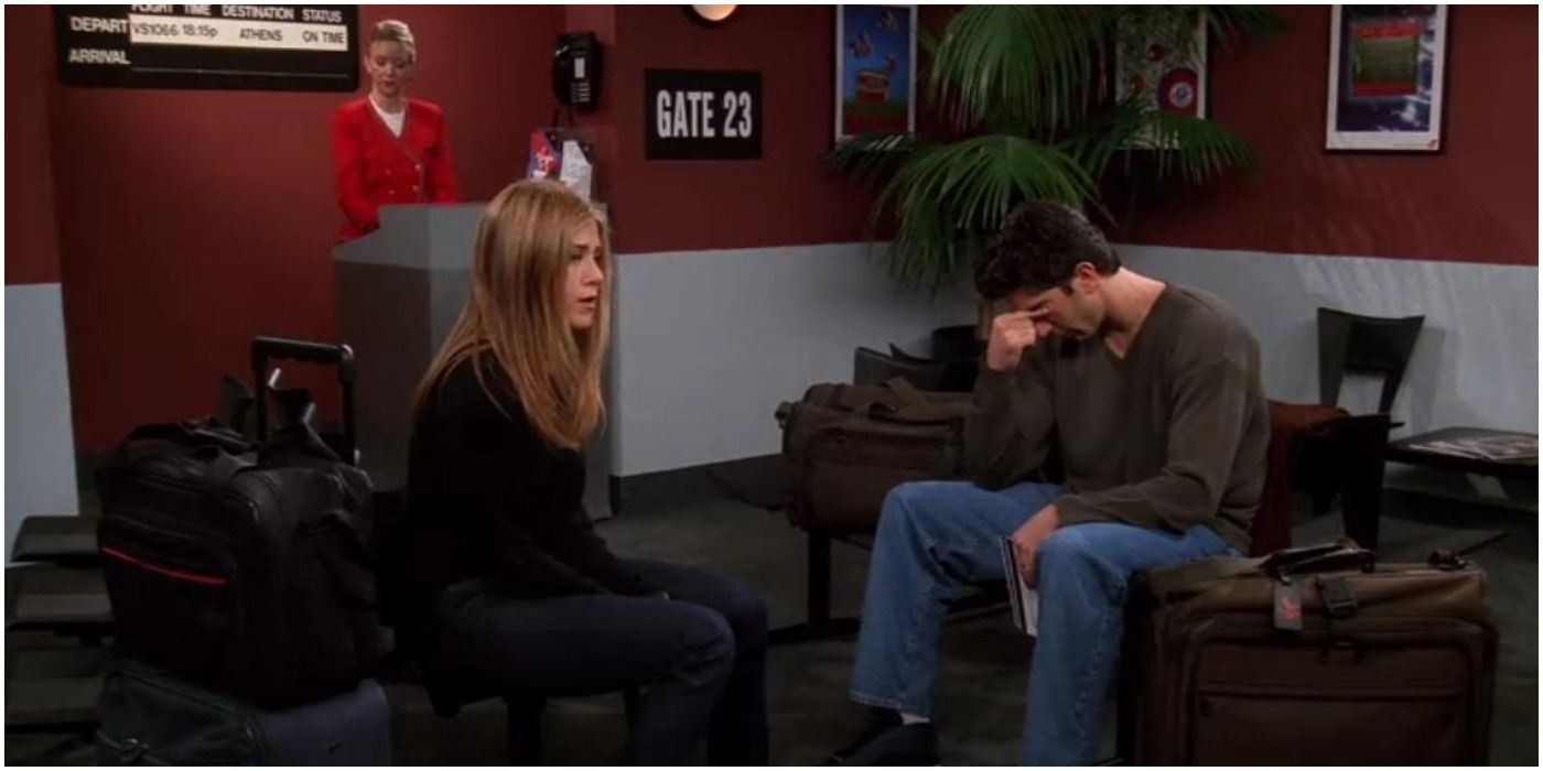 Ross and Rachel in Friends, waiting at airport