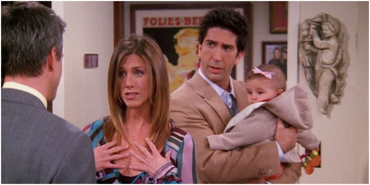 Jennifer Aniston as Rachel, David Schwimmer as Ross and baby Emma in Friends