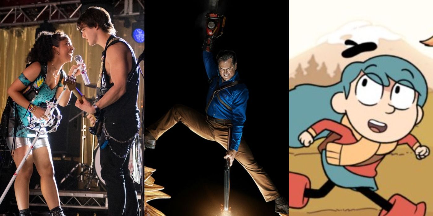 A split image features Julie and Luke in Julie And The Phantoms, Ash in Ash vs Evil Dead, and Hilda in Hilda