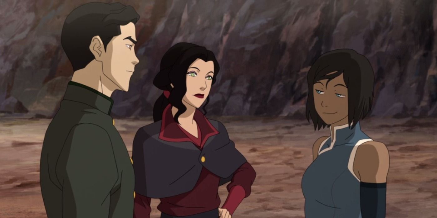 Korra, Asami, and Mako stand in a circle in The Legend of Korra