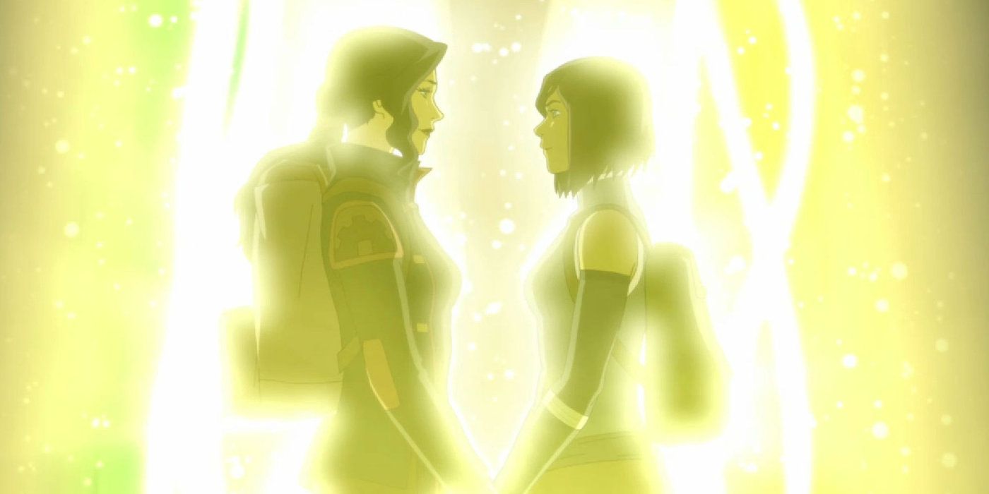 Korra e Asami ficam em um brilho amarelo frente a frente e prontas para entrar no mundo espiritual em The Legend of Korra