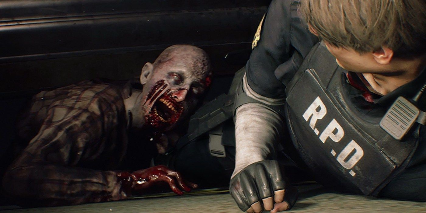 Leon Crawling Away From A Zombie In Resident Evil 2 Remake