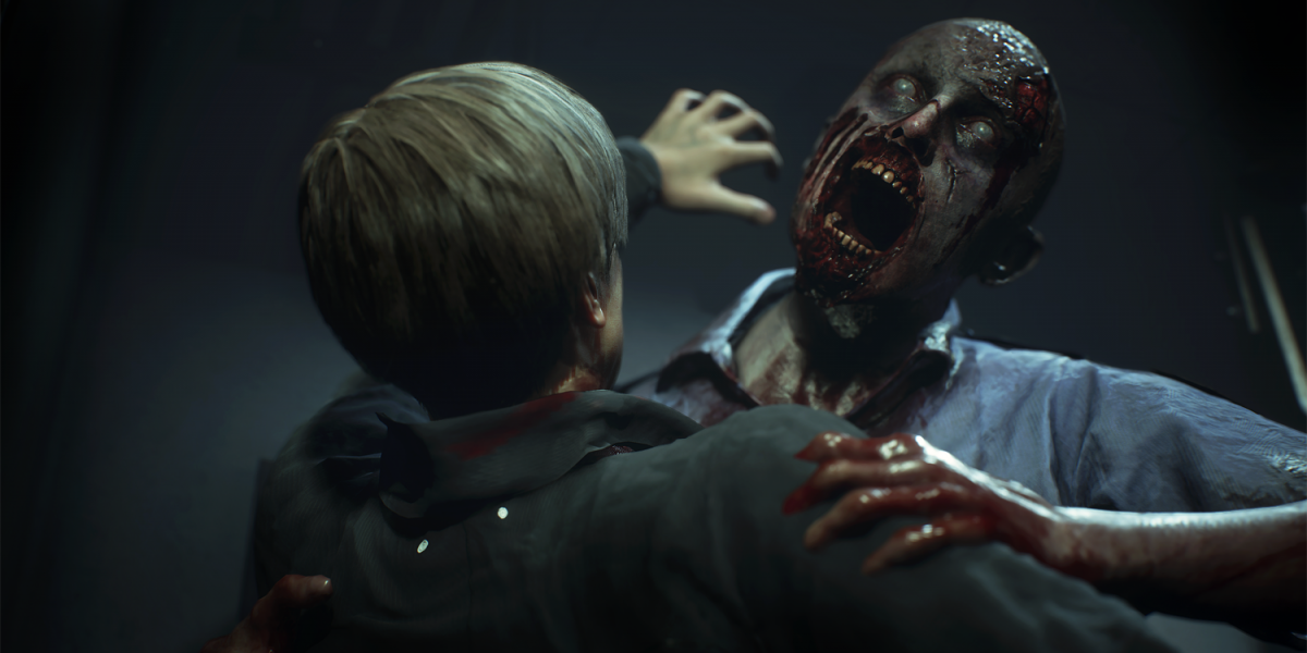 Leon and a Zombie in Resident Evil 2 Remake