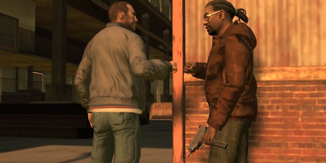 Little Jacob GTA IV with Niko Bellic outside of a warehouse. They appear to be fistbumping