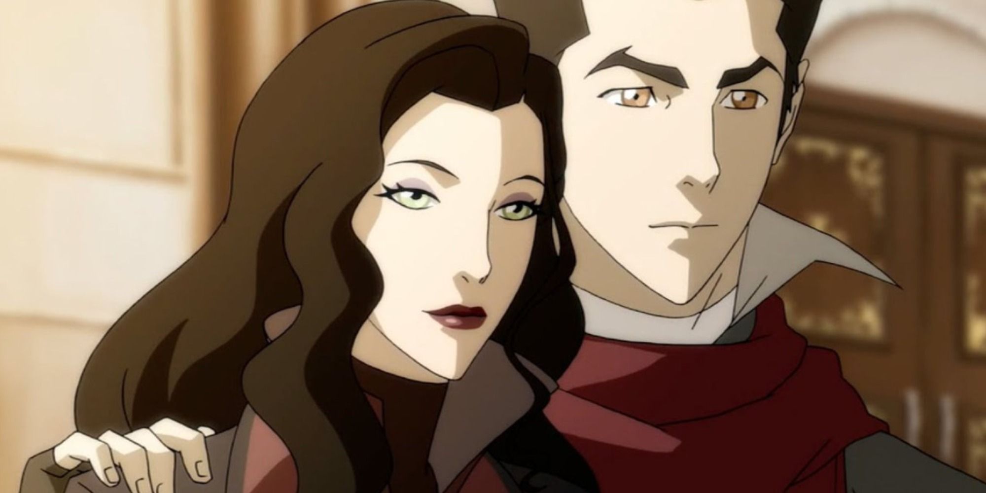 Mako coloca a mão no ombro de Asami em The Legend of Korra