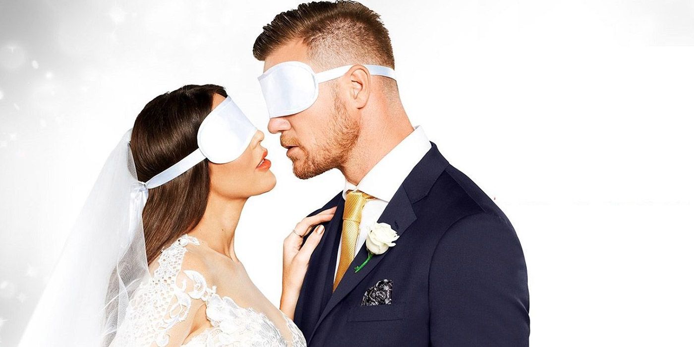 A blindfolded couple on Married At First Sight