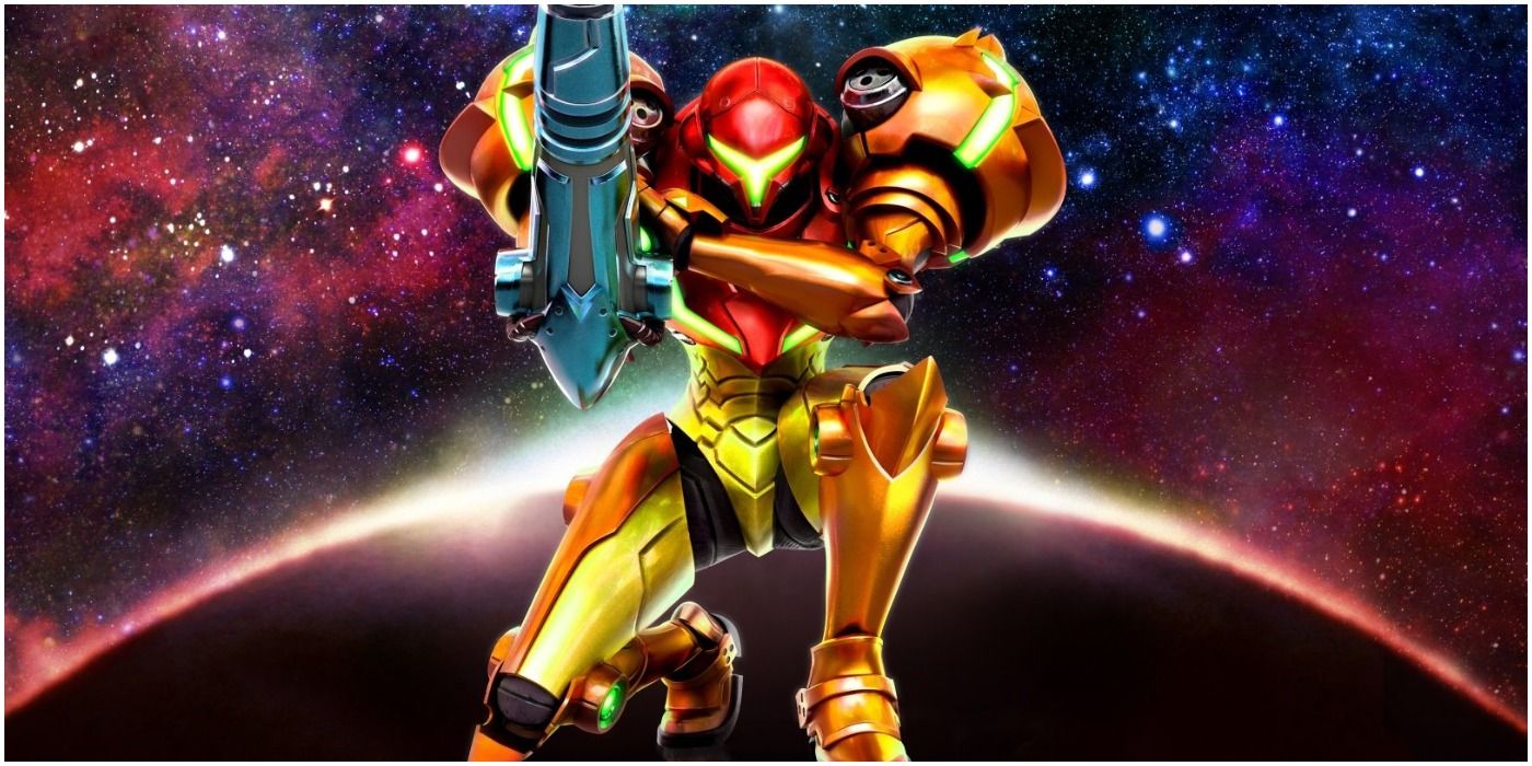 Samus on bended knee and gun cocked facing camera with planet behind