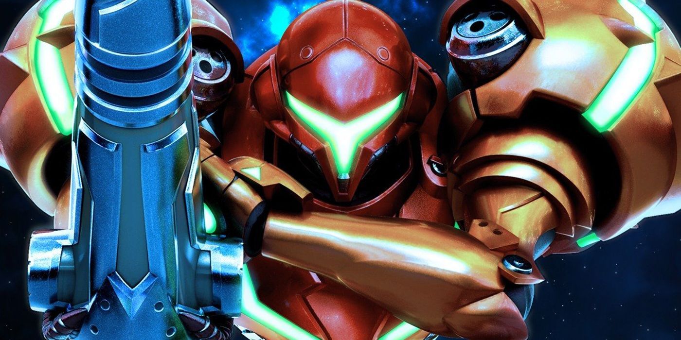 Samus looking directly at the camera, holding onto her arm cannon.