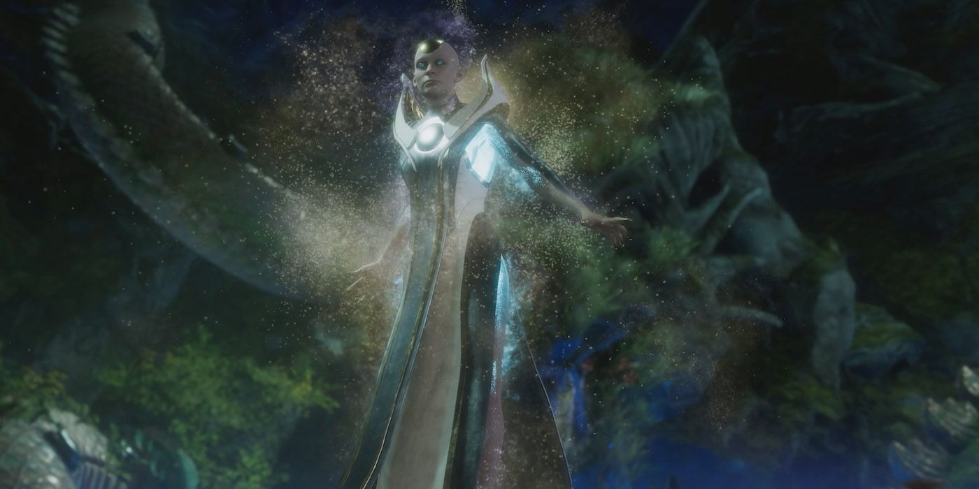 Kronika surrounded by a glowing dust in Mortal Kombat 11.