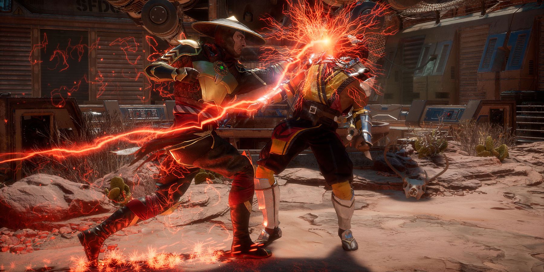 Mortal Kombat 11 fight Raiden lays a super-punch on Scorpion in Special Forces base
