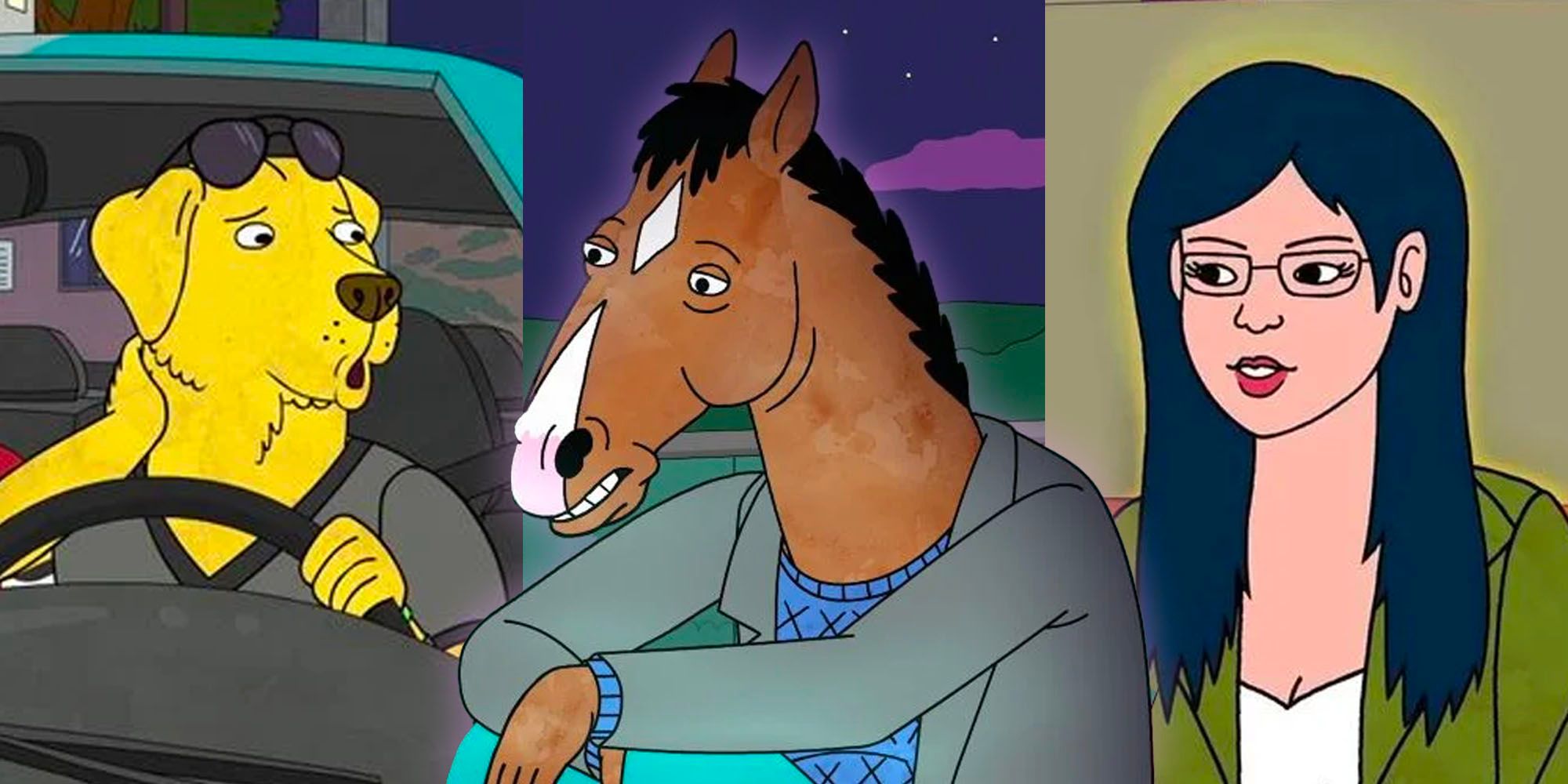 A collage of Mr Peanutbutter, BoJack and Diane from BoJack Horseman