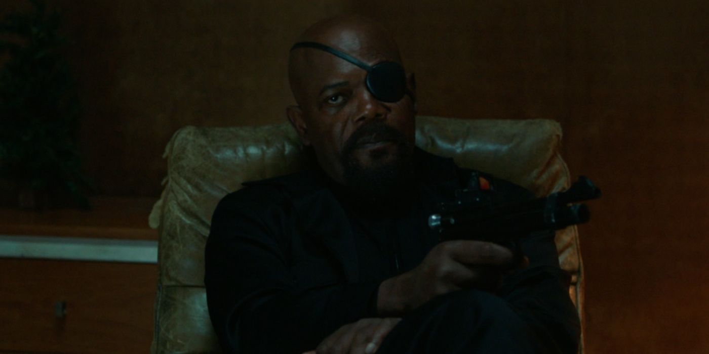 Nick Fury sitting in an armchair in Spider-Man Far From Home