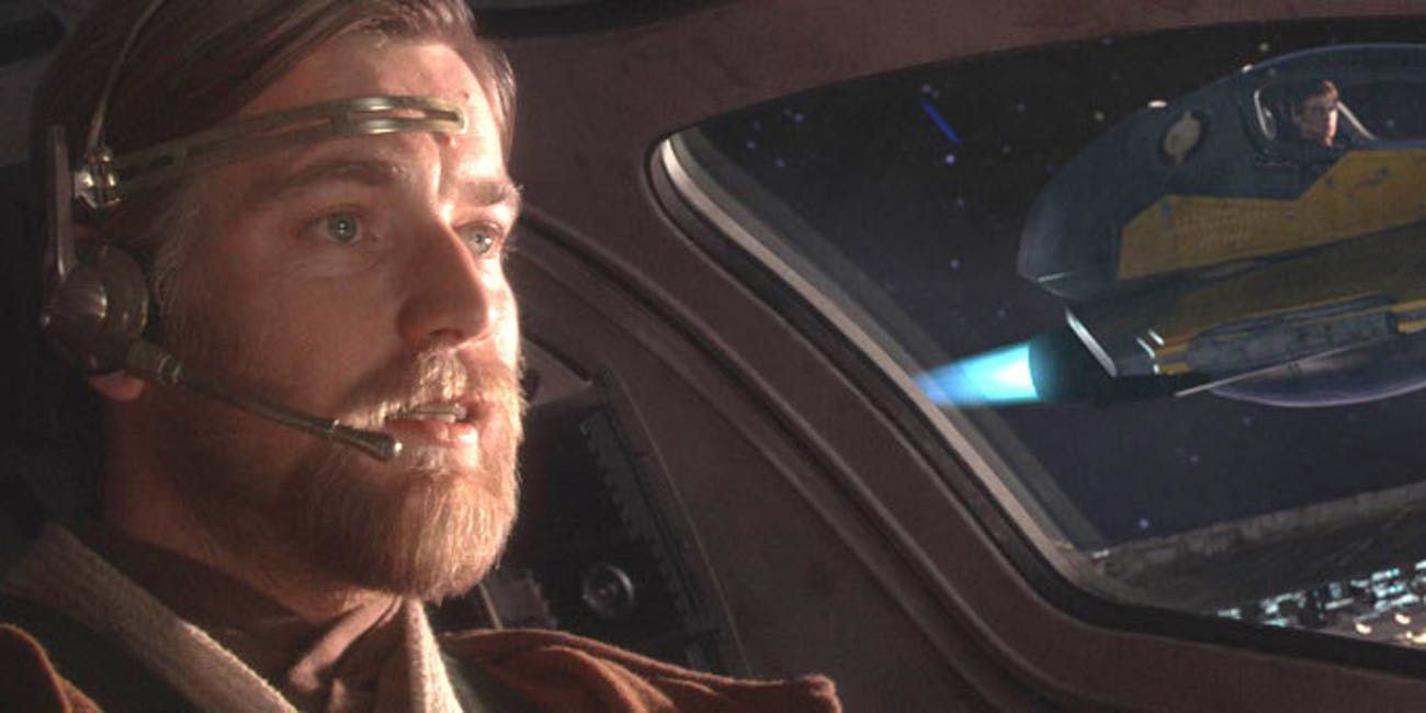 Obi Wan flying a starfighter in Revenge of the Sith