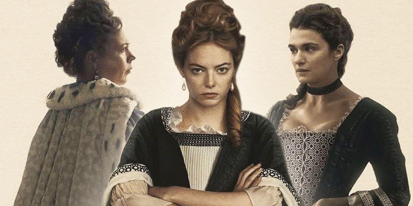 Olivia Colman Emma Stone and Rachel Weisz in The Favourite