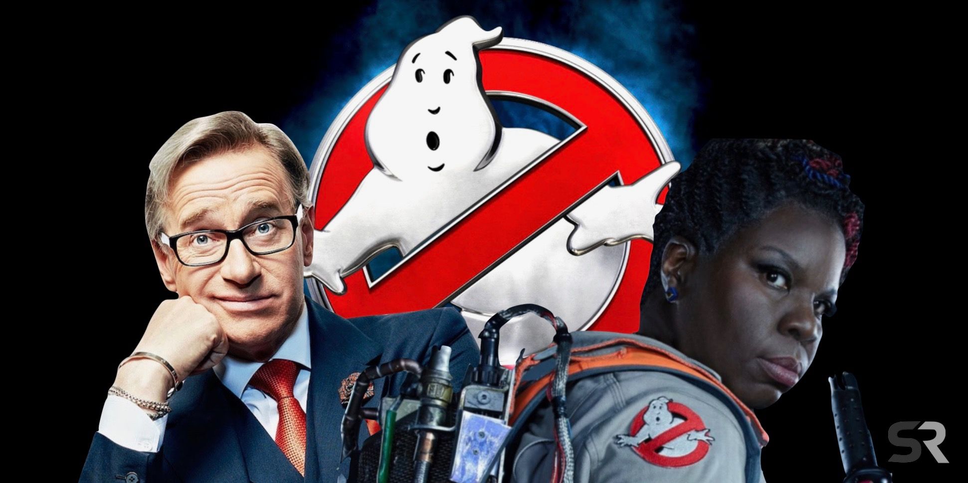Paul Feig and Leslie Jones with Ghostbusters Logo