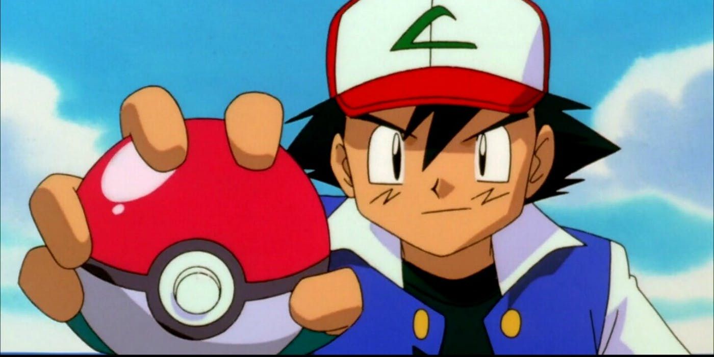 Ash holding a Pokéball in the Pokémon anime