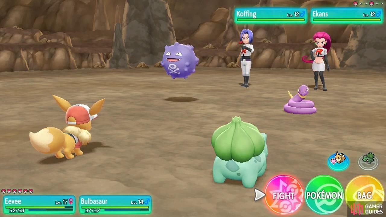 A double battle against Team Rocket's Jessie and James from the Pokémon: Let's Go games.