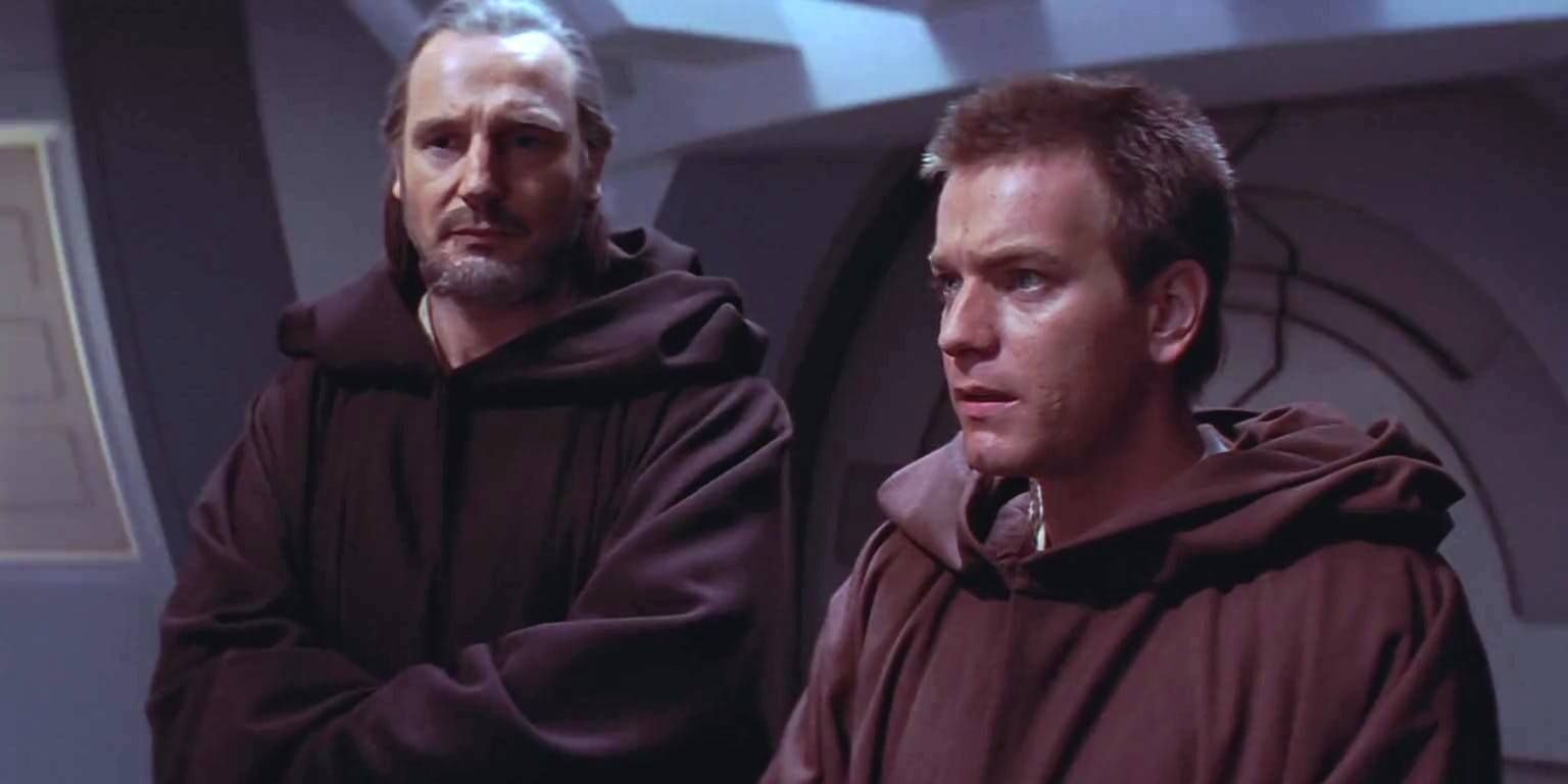 Qui-Gon and Obi-Wan board the Federation ship in The Phantom Menace.