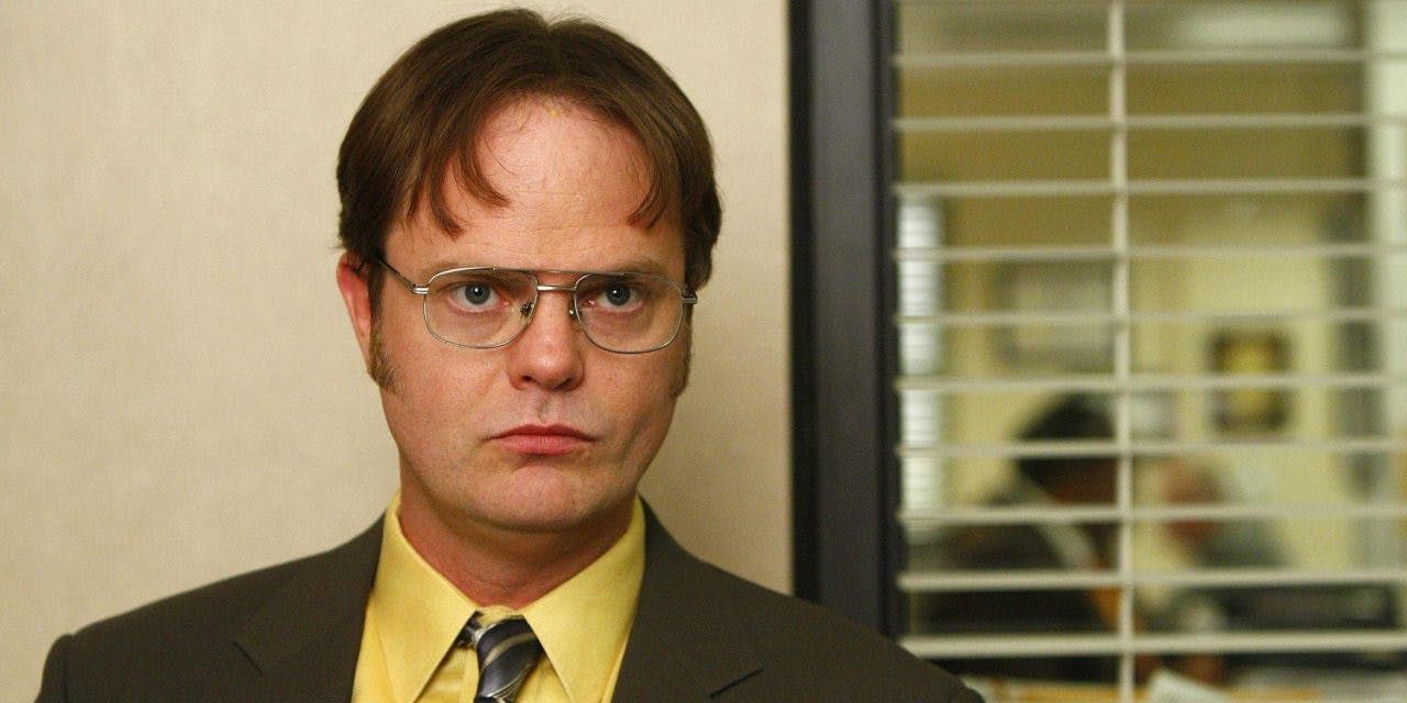 Dwight angrily talking to the camera in The Office.