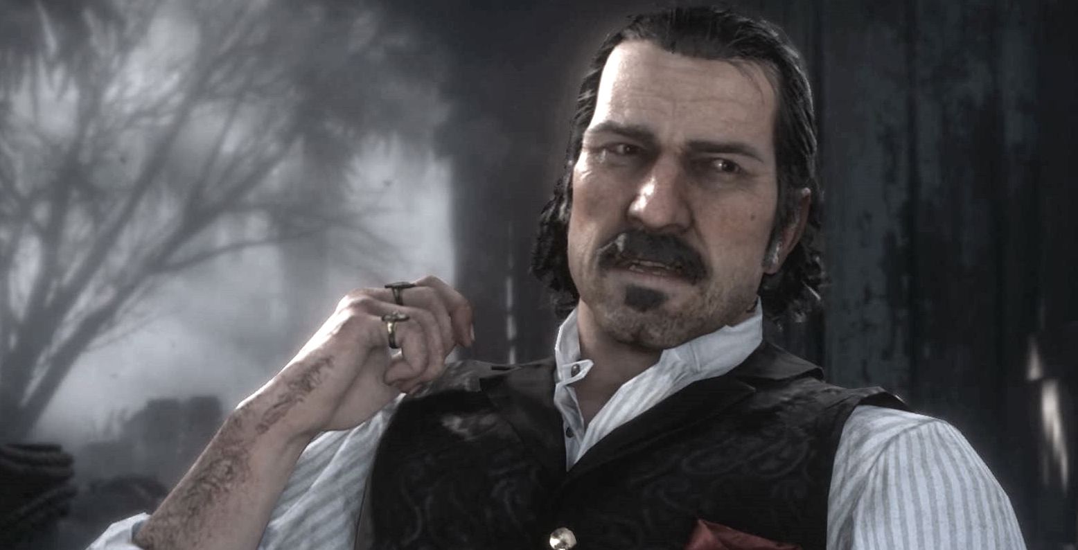 Dutch holding up his hand with a thick mustache from RDR2. 
