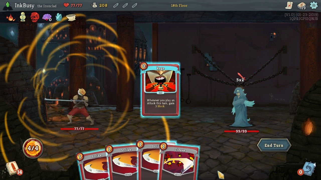 Slay the Spire combat showing the Ironclad selecting the card Rage.