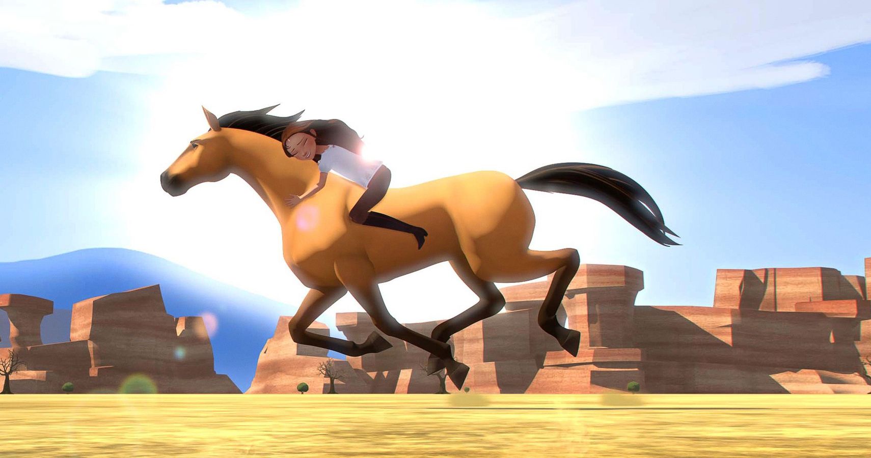 A still of an animated girl hugging her horse as they ride off in the desert from Spirit: Stallion Of The Cimarron