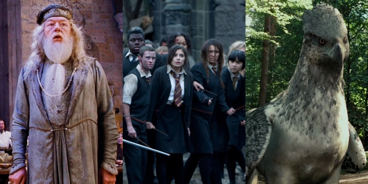 Split image of Dumbledore, Hogwarts Students and Buckbeak from Harry Potter movies