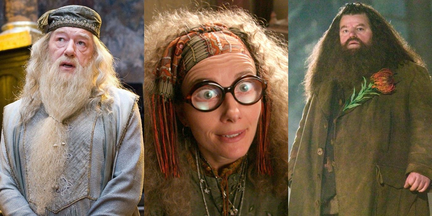 Split image of Dumbledore, Trelawney and Hagrid Feature