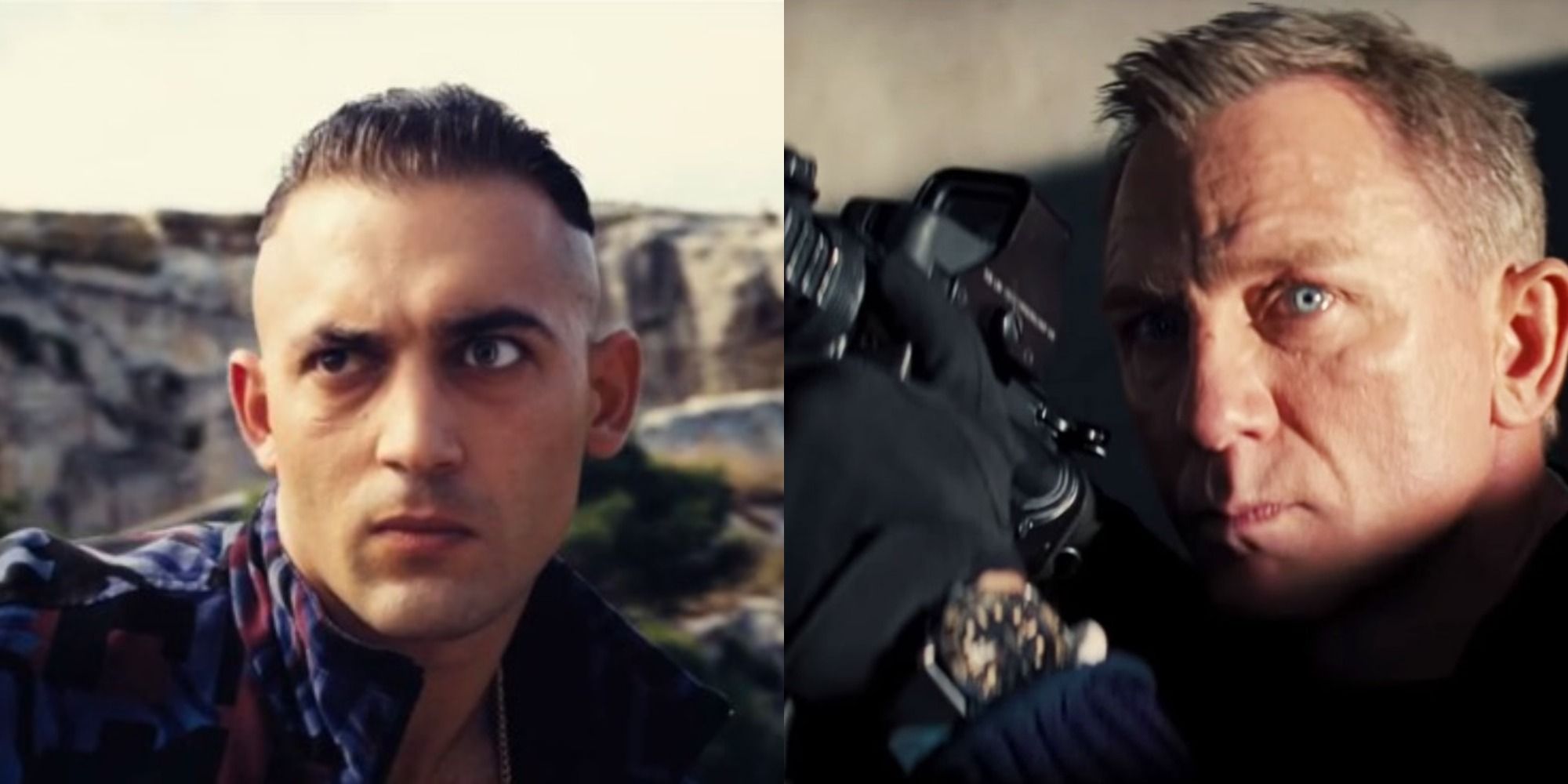 Split image of Primo and Bond with his watch in No Time to Die