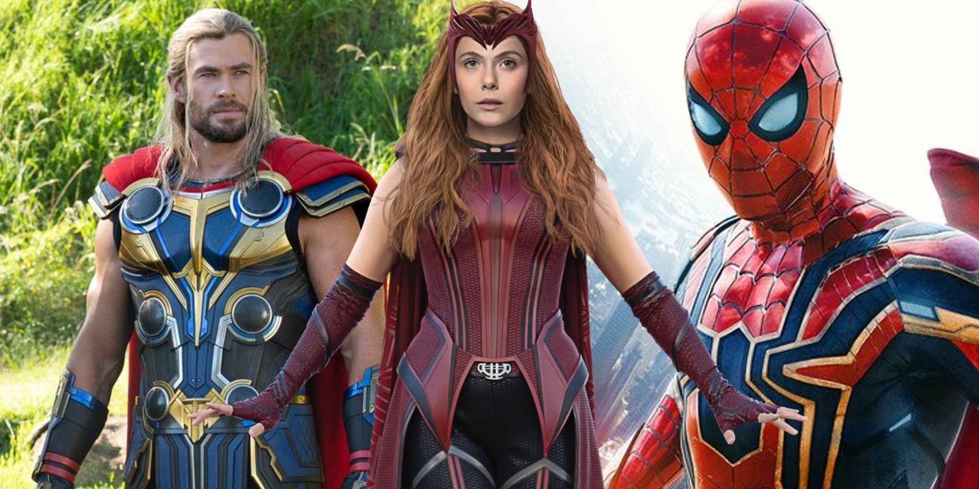 Split image of Thor, Scarlet Witch and Spider-Man in the MCU