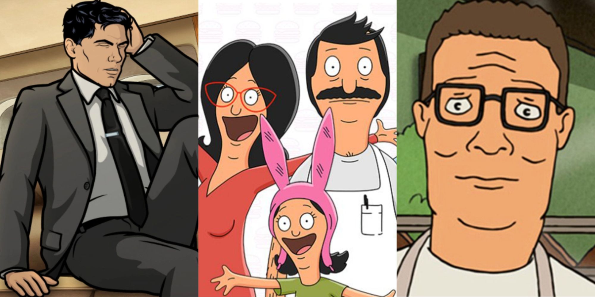 Split image of main characters from Archer, Bob's Burgers and King of the Hill