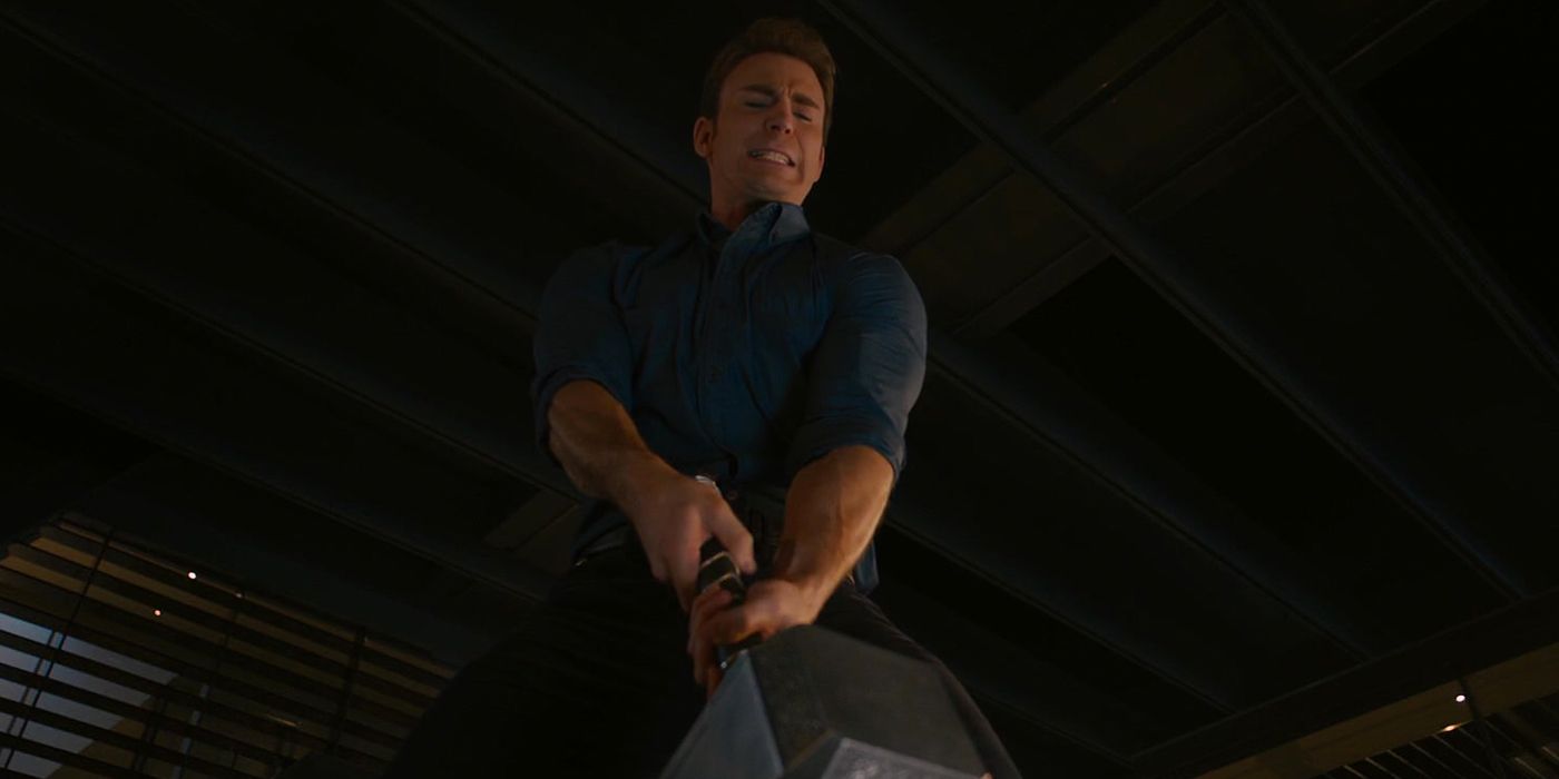 Steve Rogers trying to lift Mjolnir in Avengers Age of Ultron