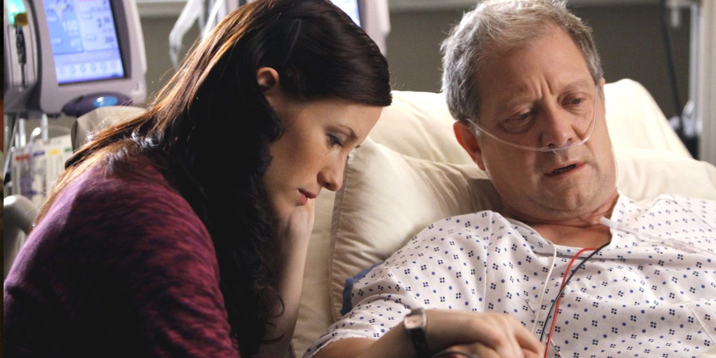 Lexie with Thatcher in his hospital bed on Grey's Anatomy