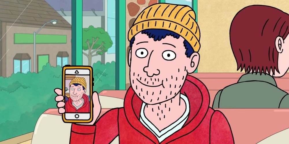 Todd Chazez holding up a phone with his own face on it the screen in BoJack Horseman
